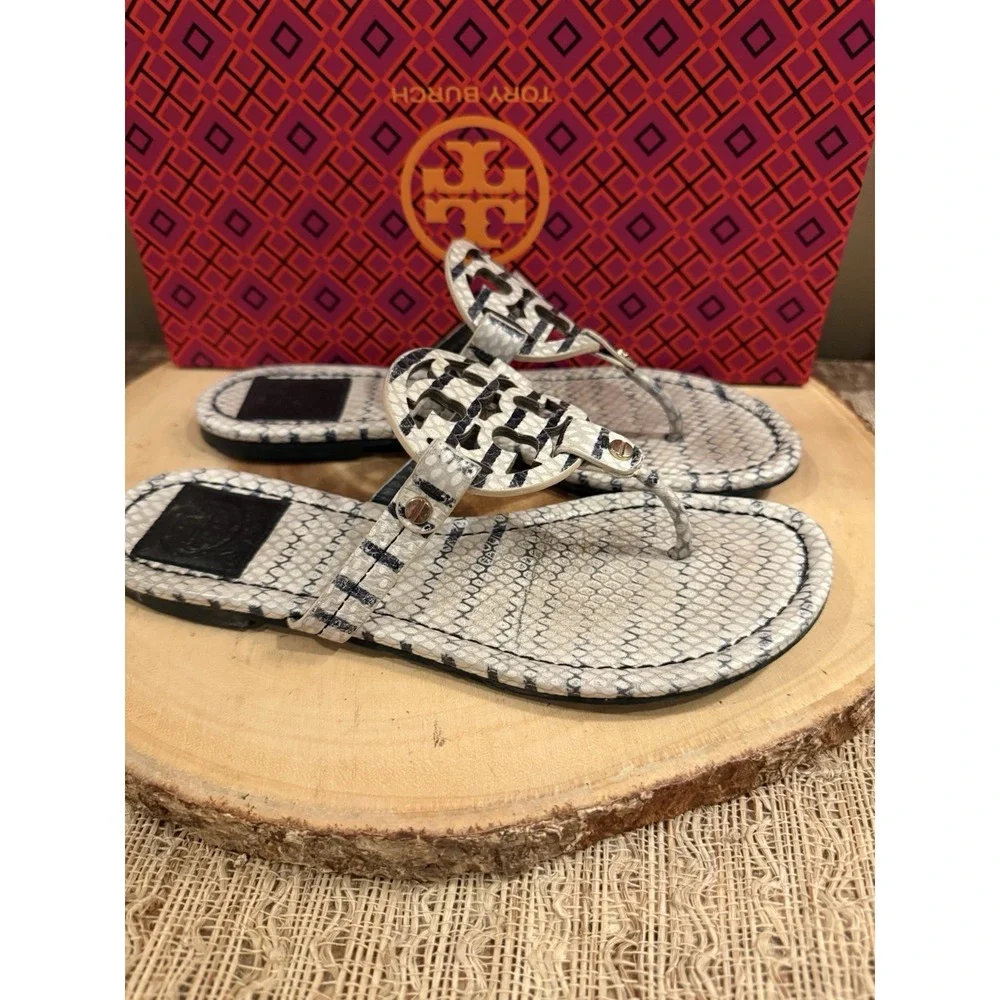 Tory Burch Miller Leather Thong‎ Sandal Warm Roccia Black & White US 7 258$